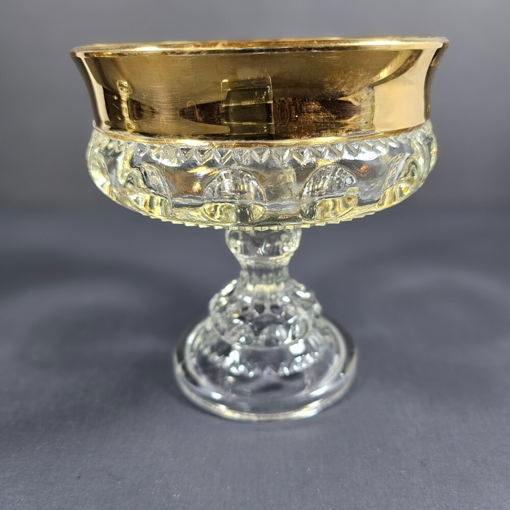 Vtg Midcentury Indiana Glass Compote Candy Dish Kings Crown Thumbprint Gold Rim